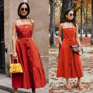 REJINA PYO Maria Poplin Tie Strap Ruffle Midi Dress in Rust Red
